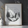 An editable vector design featuring a tranquil forest scene with tree silhouettes and foliage elements.