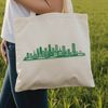 A detailed illustration of a city skyline with various buildings and structures, ideal for vector design and editing.