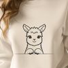 A vector graphic representation of a gentle alpaca standing on grassy terrain.