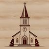 A simple illustration of a traditional Protestant church with a prominent steeple and cross.