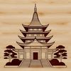 A stylized illustration of a traditional Buddhist temple with intricate details and architectural elements.