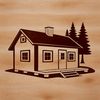 Simple Wooden House Icon A simple, 2D illustration of a wooden cabin with a sloping roof.