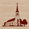 A simple illustration of a Protestant church building with a steeple and stained glass windows.