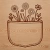 A detailed floral pocket design featuring a stylized arrangement of wild flowers in a decorative frame.