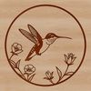 An illustration of a hummingbird perched on a branch amidst blooming flowers.