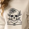 Ornate Skull Illustration with Roses An ornate Gothic-style skull design featuring floral elements, ideal for crafting and design templates.