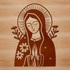 Ornate Floral Patterns Surround Our Lady Mary Vector depiction of Our Lady Mary surrounded by intricate floral patterns, ideal for use in digital designs and crafts.