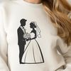A stylized illustration of a wedding, featuring a bride and groom in a romantic setting.