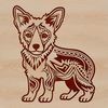 Cute Standing Dog Silhouette A standing Welsh Corgi with an ornate design pattern in the background.