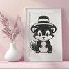 A skunk is illustrated with a decorative hat on its head, conveying a whimsical and playful theme.