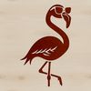 A stylized illustration of a pink flamingo standing on one leg in a natural habitat.