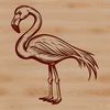 A large, pink bird standing in the water with its long legs stretched out.