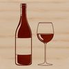 A digital representation of a wine glass on a table with a bottle in the background.