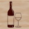 A clear, high-quality illustration of a glass of red wine next to an empty bottle.