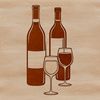 An illustration of a glass filled with red wine next to a bottle.