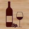 A stylized illustration of a glass filled with red wine next to an empty bottle.
