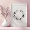 Whimsical Botanical Garland Illustration A floral arrangement in the shape of a circular wreath made from various flowers and foliage.