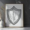 A geometric design of a shield made from interlocking shapes and lines.