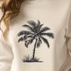 A stylized illustration of a single palm tree against a clear blue sky.