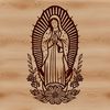 A traditional illustration of the Virgin Mary surrounded by ornate floral patterns in a classic religious style.