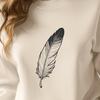 A delicate white feather design A single white feather with pointed tips and delicate texture.