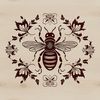Vibrant Bee Illustration with Floral Accents A stylized illustration of a bee surrounded by flowers, ideal for gardening enthusiasts and crafters.