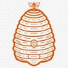 A stylized illustration of a beehive with a single entrance and multiple cells.