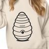A digital illustration of a beehive with bees flying in and out.