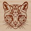 A wild ocelot's face with a distinctive appearance, characterized by its small head and unique markings.
