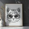 Close-up illustration of an ocelot's head with glasses, a wild animal from South America.