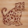 A close-up illustration of a wild ocelot sitting on its haunches, showcasing its distinctive markings.