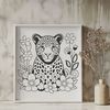 Elegant Jaguar Portrait with Floral Accents Close-up illustration of a big cat's face, with floral patterns in the background.