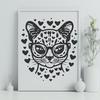 Whimsical Wild Ocelot Portrait A colorful illustration of a wild ocelot's head with love hearts surrounding its face.
