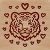 Tiger Silhouette with Hearts A stylized illustration of a tiger's head with hearts surrounding its features.