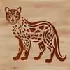 A medium-sized wild cat with distinctive markings stands upright on its hind legs.