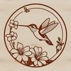 A stylized vector graphic design featuring a hummingbird perched on a branch amidst blooming flowers.