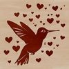 A colorful hummingbird in mid-flight, surrounded by small love hearts.