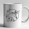 Whimsical Bird Amongst Floral Delights Colorful hummingbird in flight surrounded by flowers and foliage.