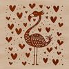 A single standing flamingo bird with love hearts surrounding its body.