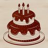 A colorful illustration of a traditional birthday cake with candles lit.