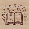 A stylized illustration of a book with decorative love hearts incorporated into the design.
