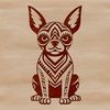 A stylized illustration of a sitting Boston Terrier with ornate details.
