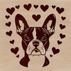Cute Boston Terrier Clip Art A friendly-looking Boston Terrier breed dog with heart symbols on its fur, suitable for graphic design and crafting.