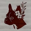 A simple illustration of a Boston Terrier's head with a floral pattern in the background.