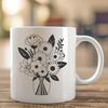 An illustration of a bouquet featuring multiple types of blossoms in a decorative design.
