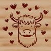 Highland Cow Portrait with Love Hearts A close-up illustration of a Highland cow's head, featuring stylized love hearts around its features.