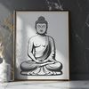 A vector illustration of the Buddha in a seated meditation pose.