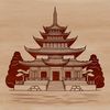 A 2D representation of a traditional Asian-style Buddhist temple with intricate details and ornaments.