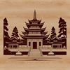 A stylized digital rendering of a traditional Buddhist temple.