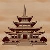 A 3D rendering of a traditional Buddhist temple architecture.